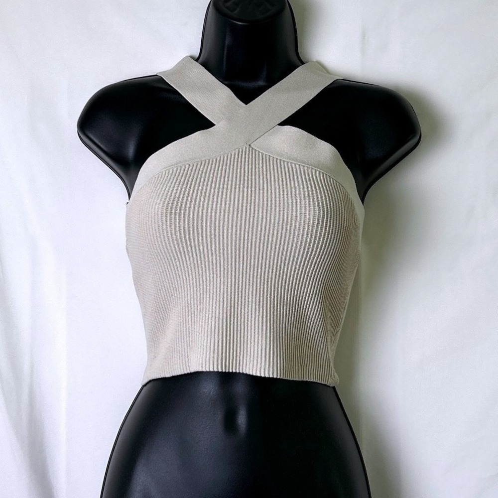 Babaton Womens Ribbed Knit Criss Cross Halter Crop Top Size S Beige Minimalist